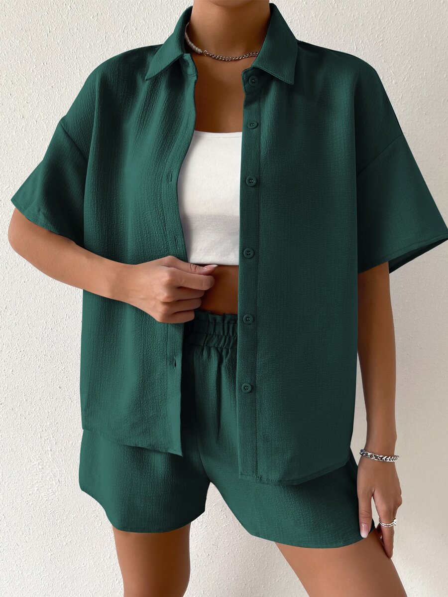SHEIN Unity Solid Drop Shoulder Shirt & Shorts Set - Dark Green - View 1