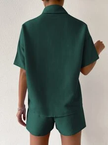 SHEIN Unity Solid Drop Shoulder Shirt & Shorts Set - Dark Green - View 2