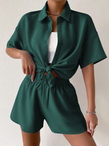 SHEIN Unity Solid Drop Shoulder Shirt & Shorts Set - Dark Green - View 3