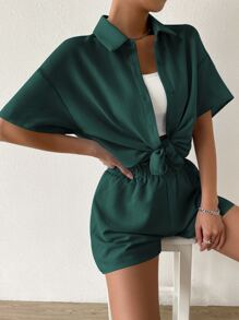 SHEIN Unity Solid Drop Shoulder Shirt & Shorts Set - Dark Green - View 4