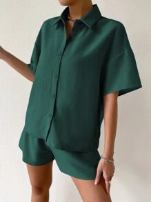 SHEIN Unity Solid Drop Shoulder Shirt & Shorts Set - Dark Green - View 5