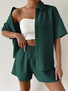 SHEIN Unity Solid Drop Shoulder Shirt & Shorts Set - Dark Green - View 6