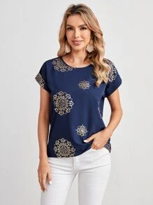 EMERY ROSE Blusa con estampado de mándala de manga murciélago - Azul Marino - Ver 3