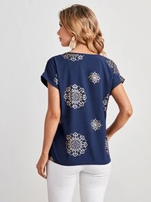 EMERY ROSE Blusa con estampado de mándala de manga murciélago - Azul Marino - Ver 2