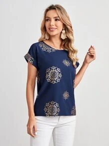 EMERY ROSE Blusa con estampado de mándala de manga murciélago - Azul Marino - Ver 1