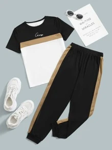 SHEIN Boys Letter Graphic Colourblock Tee & Joggers - Multicolor - View 1