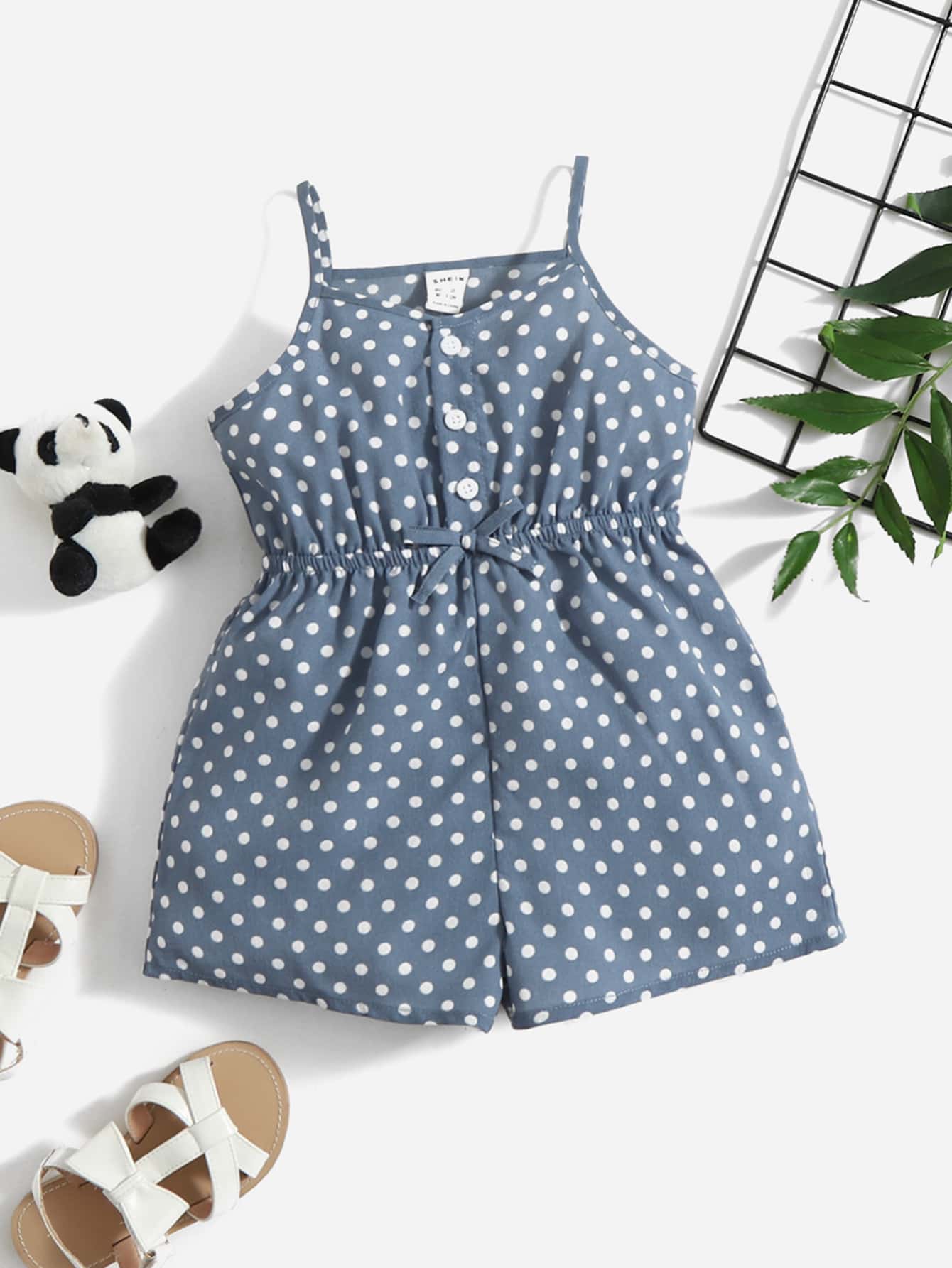 SHEIN 嬰兒波卡圓點假鈕扣前繫帶吊帶連體短褲 - 霧霾藍 - 查看 1
