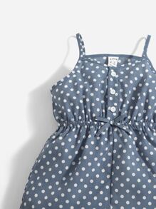 SHEIN 嬰兒波卡圓點假鈕扣前繫帶吊帶連體短褲 - 霧霾藍 - 查看 4