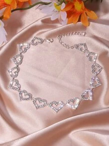 Rhinestone Heart Decor Necklace Valentines - Silver - View 1