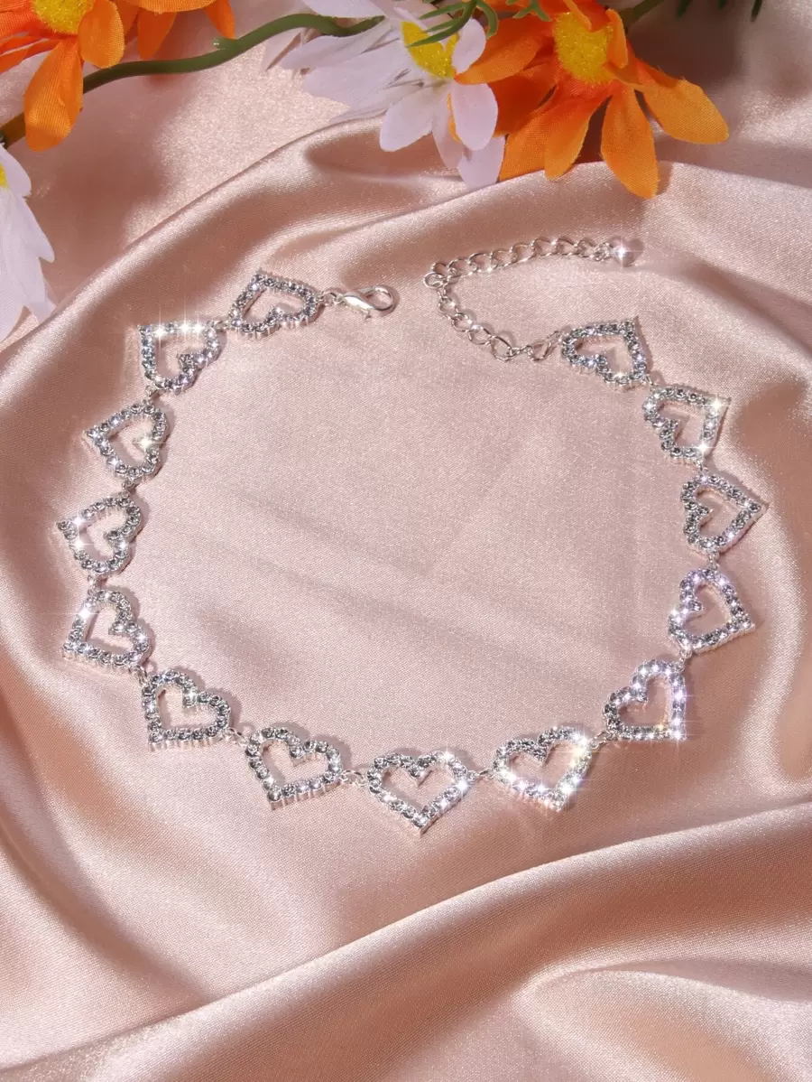 Rhinestone Heart Decor Necklace Valentines - Silver - View 1