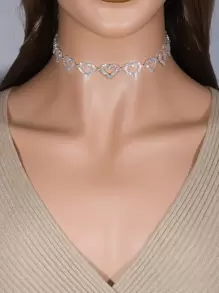 Rhinestone Heart Decor Necklace Valentines - Silver - View 2