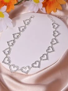 Rhinestone Heart Decor Necklace Valentines - Silver - View 3