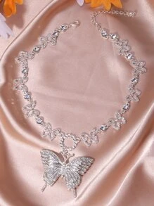 水鑽蝴蝶墜飾項鍊 - 銀色 - 查看 3