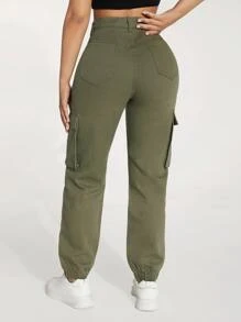 SHEIN PETITE 高腰側翻蓋口袋工裝牛仔褲 - 軍綠色 - 查看 2