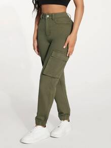 SHEIN PETITE 高腰側翻蓋口袋工裝牛仔褲 - 軍綠色 - 查看 5