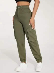 SHEIN PETITE 高腰側翻蓋口袋工裝牛仔褲 - 軍綠色 - 查看 3