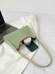 簡約純色縫細節法棍包,適用於女性、新手和白領女工、送給老師的禮物、女士、商務/通勤/工作/辦公室、節日/度假/假期 - 綠色 - 查看 3