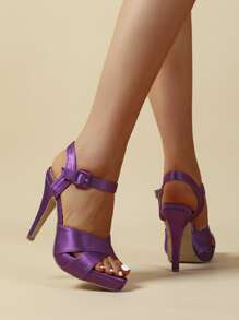 Buckle Decor Cone Heeled Ankle Strap Sandals - Purple - View 2
