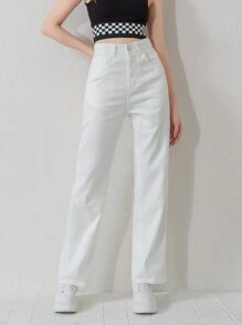 SHEIN EZwear High Waist Straight Leg Jeans - White - View 4