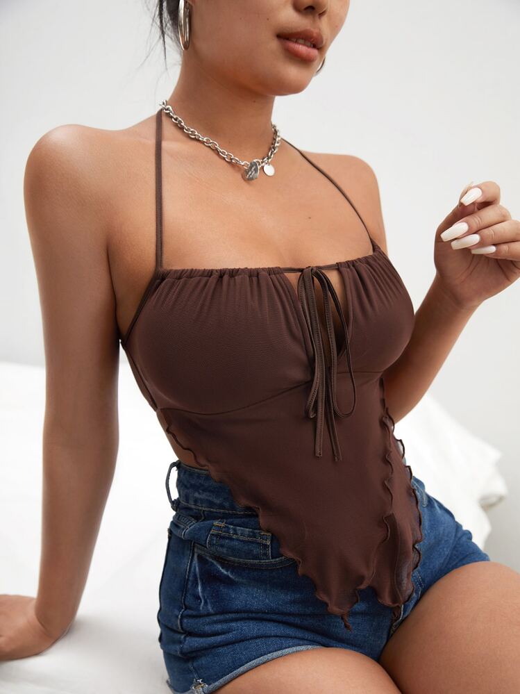 SHEIN ICON Cut Out Tie Backless Rau diếp Trim Mesh Halter Top, Đi ra ngoài - Cà phê nâu - Xem 5