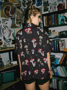 ROMWE Street Life Mushroom Print Button Front Shirt - Black - View 2