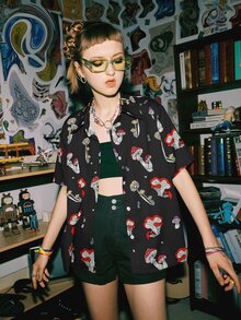 ROMWE Street Life Mushroom Print Button Front Shirt - Black - View 3