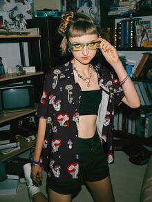 ROMWE Street Life Mushroom Print Button Front Shirt - Black - View 4