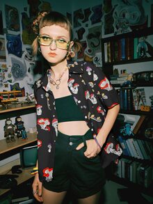 ROMWE Street Life Mushroom Print Button Front Shirt - Black - View 5