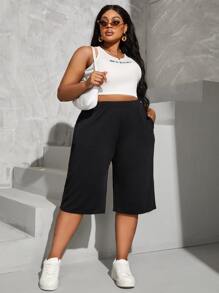 SHEIN EZwear Quần Plus Size Túi màu trơn Giải trí - màu đen - Xem 1