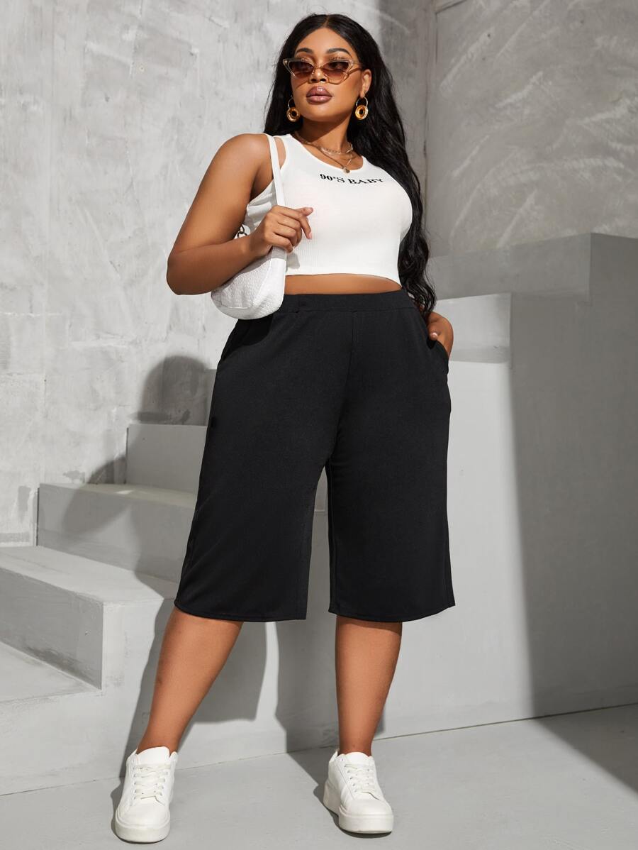 SHEIN EZwear Quần Plus Size Túi màu trơn Giải trí - màu đen - Xem 1