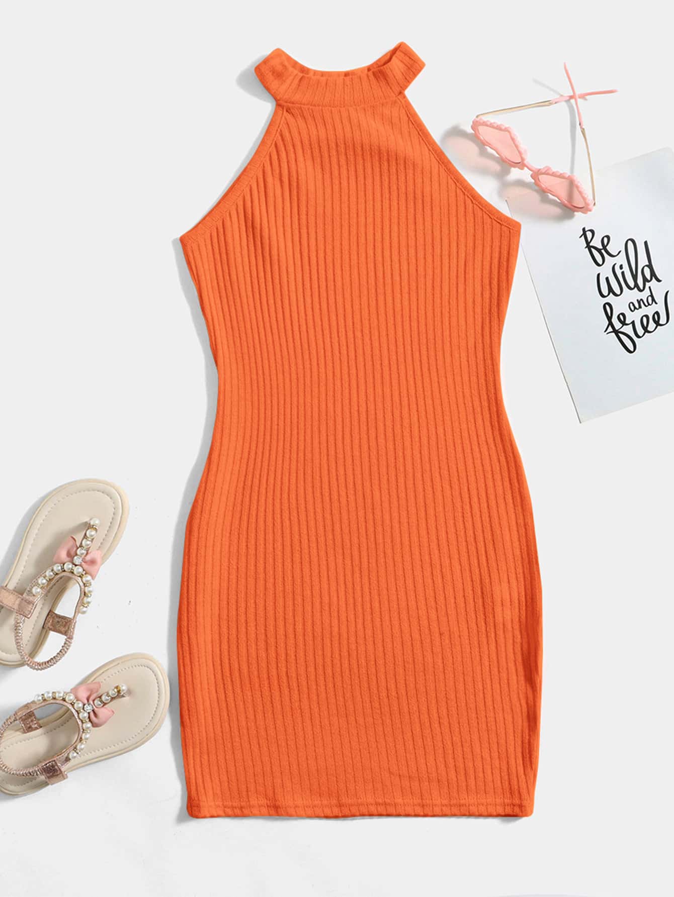 SHEIN Tween Girl Solid Color Sleeveless Knit Dress - Orange - View 1