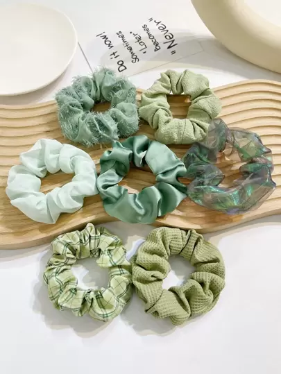 波西米亚风7件套格子印花发圈，可作发绳、马尾辫发圈、头饰、松紧带