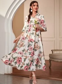 Modelyn 1 件花卉印花荷叶边饰罩衫端庄连衣裙长款晚礼服 - 白色 - 查看 1