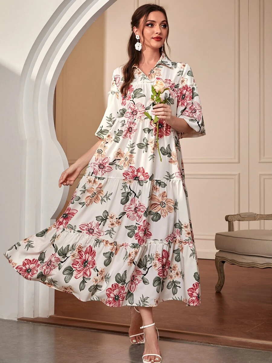 Modelyn 1 件花卉印花荷叶边饰罩衫端庄连衣裙长款晚礼服 - 白色 - 查看 1