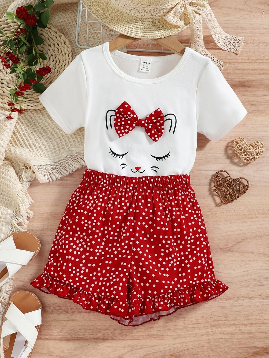 SHEIN Young Girl Cartoon Graphic Bow Front Tee & Polka Dot Print Shorts - Red and White - View 1