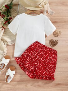 SHEIN Young Girl Cartoon Graphic Bow Front Tee & Polka Dot Print Shorts - Red and White - View 2