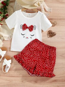 SHEIN Young Girl Cartoon Graphic Bow Front Tee & Polka Dot Print Shorts - Red and White - View 3