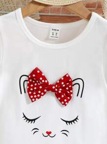SHEIN Young Girl Cartoon Graphic Bow Front Tee & Polka Dot Print Shorts - Red and White - View 4