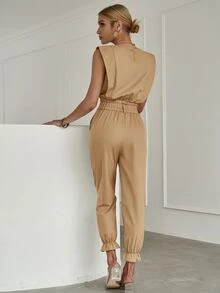 Solid Tank Top & Ruffle Hem Trousers - Khaki - View 2
