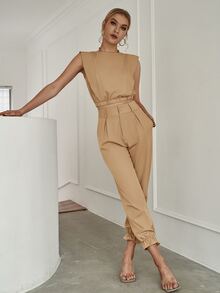 Solid Tank Top & Ruffle Hem Trousers - Khaki - View 4