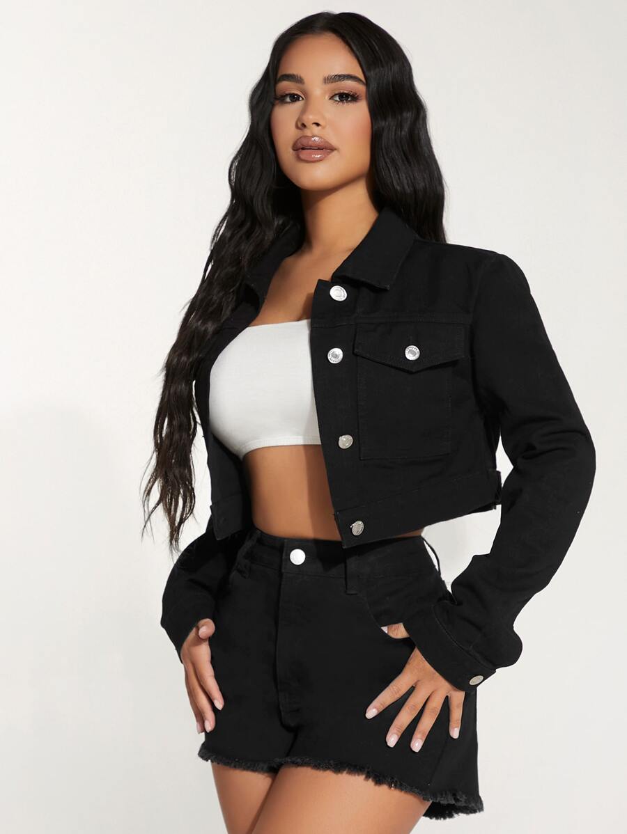 SHEIN PETITE Flap Pocket Crop Denim Jacket - Black - View 1