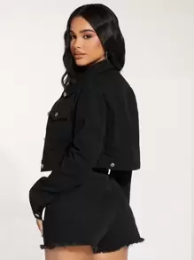 SHEIN PETITE Flap Pocket Crop Denim Jacket - Black - View 2