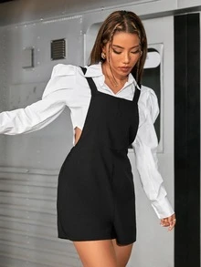 SHEIN Unity 補丁貼口袋背帶連體短褲不帶襯衫 - 黑色 - 查看 7