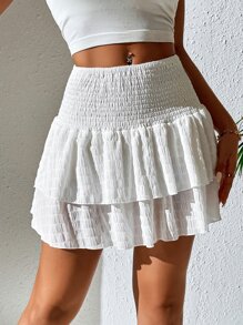 SHEIN PETITE Shirred Two Layer Hem Summer Skirt - White - View 3