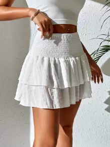 SHEIN PETITE Shirred Two Layer Hem Summer Skirt - White - View 6