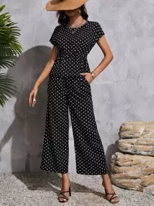 Polka Dot Print Batwing Sleeve Drawstring Waist Top & Pants - Black - View 1