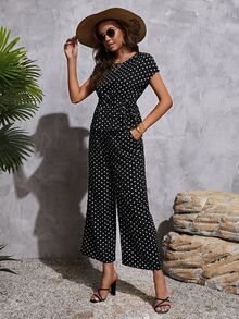 Polka Dot Print Batwing Sleeve Drawstring Waist Top & Pants - Black - View 3