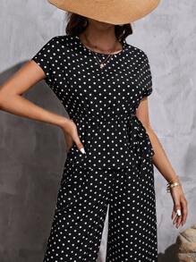 Polka Dot Print Batwing Sleeve Drawstring Waist Top & Pants - Black - View 4