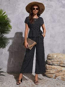 Polka Dot Print Batwing Sleeve Drawstring Waist Top & Pants - Black - View 5