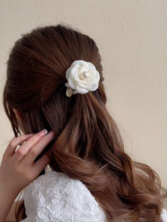 Flower & Faux Pearl Decor Hair Tie Elegant Ponytail Holder Hair Elastic Hair Rope